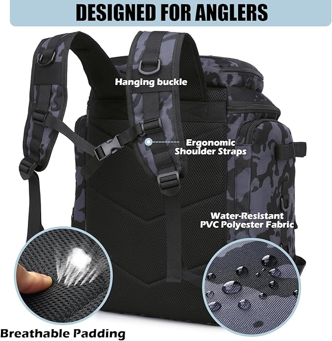 HAMBOLY Fishing Backpack with Rod Holders, 40L Tackle Box Backpack for Fishing Gear, Waterproof Fishing Bag for Men