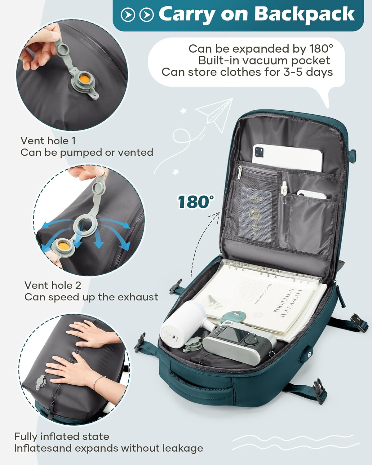 Vacuum Backpack Travel Laptop Backpacks For Women Men Carry On Backpack With Vacuum Compression Bags Seal Packing Personal Item Travel Bag Vacpack Backpacks Without Pump Peacock Blue - Roamly