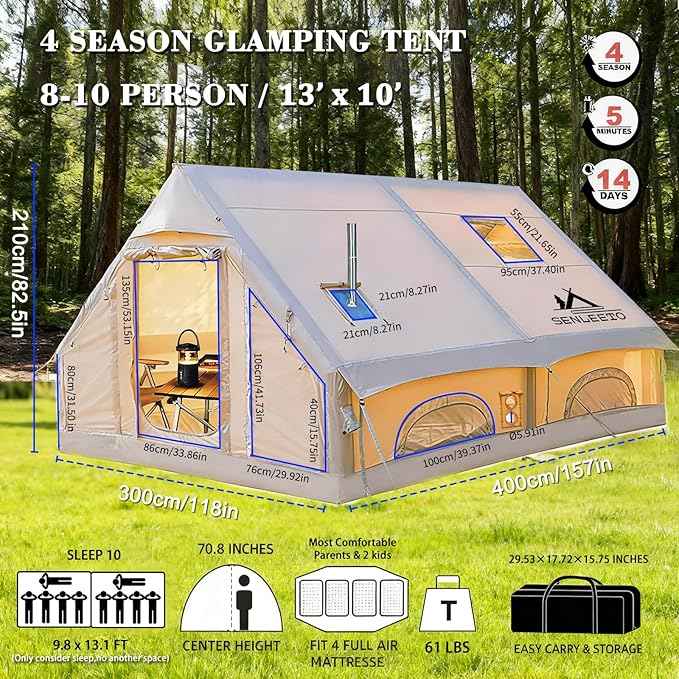 Inflatable Camping Tents 8-10 Person,129 Square Feets Large Inflatable Camping Tent with Stove Jack,Blow up Tent with Mesh Windows & Pump