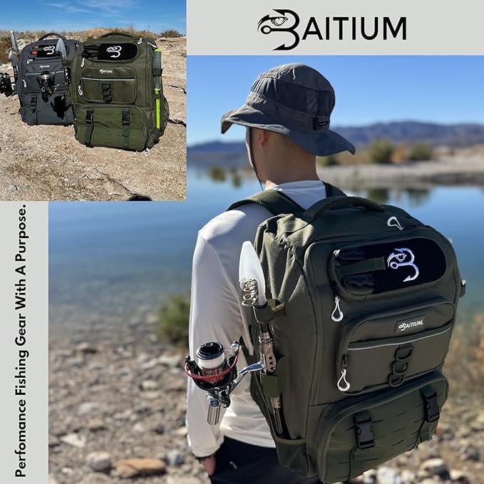 Baitium Fishing Backpack, Tackle Bag With Rod Holders, 40L Capacity With Cooler, Rain Cover, Insulated Pocket, 4 Tackle Trays Included (Jet Black)