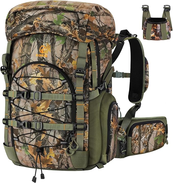 Kalkal Hunting Backpack with Buckle Quick-Release Rifle System, 42L Waterproof Silent Camo Bow Hunting Pack with Rain Cover