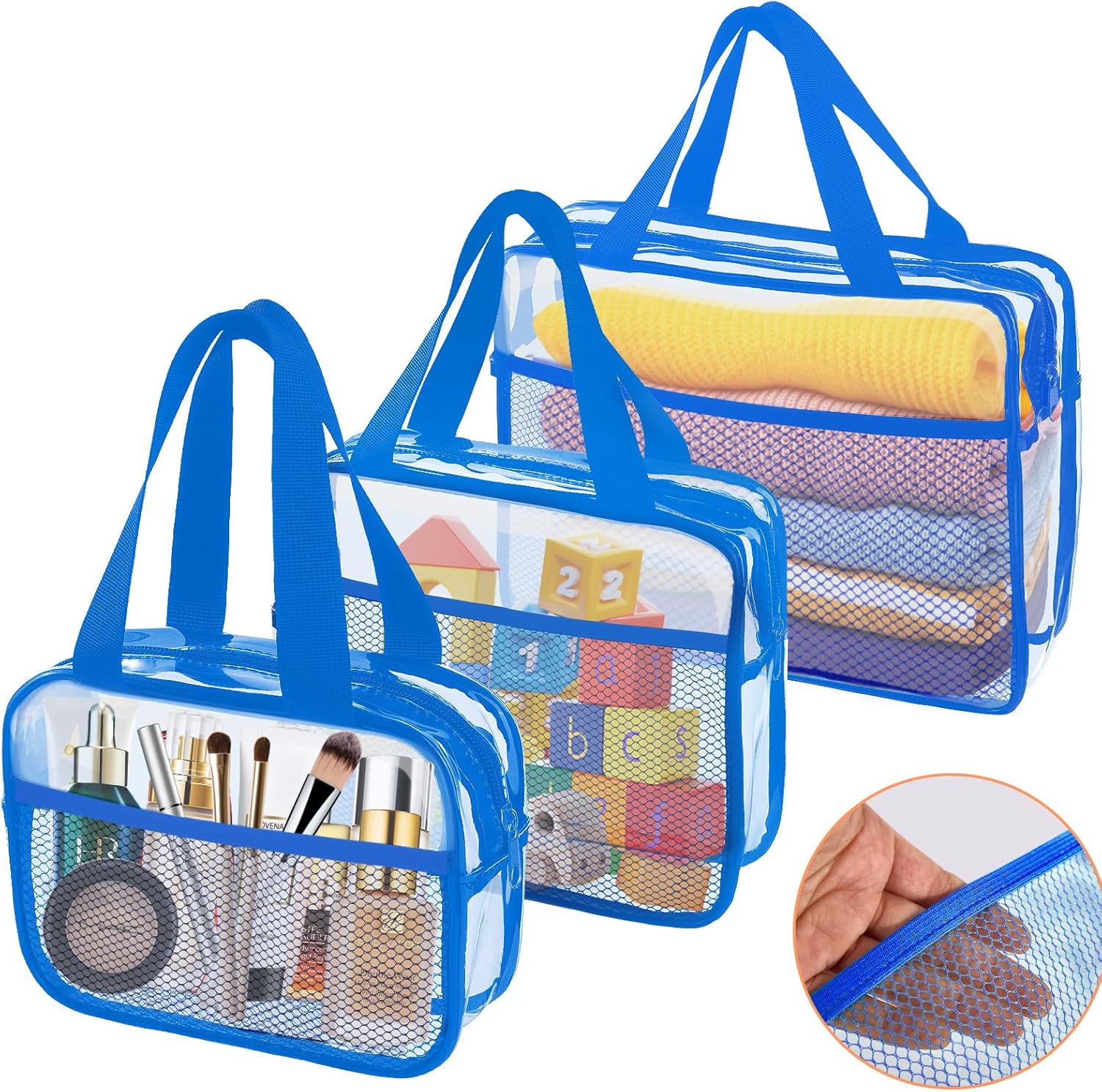 XEWEA Clear Travel Toiletry Bags, 3 Pack TSA Approved Transparent Makeup Bag for Men Women, Large Waterproof PVC Quart Organizer with Zipper for Toiletries Airline Essentials,Toy Storage Pouch Blue - Roamly