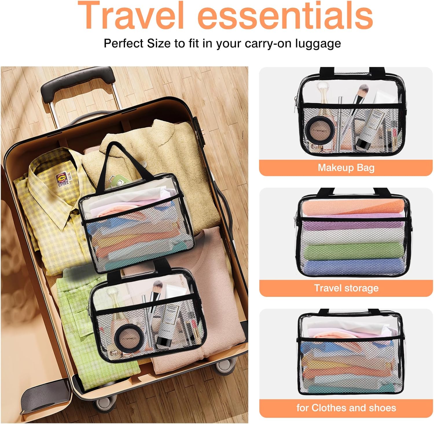 XEWEA 2PCS Large TSA Approved Clear Travel Toiletry Bags for Men Women, Transparent Makeup Cosmetic Bag with Handle,Waterproof PVC Quart Organizer Storage Pouch for Toiletries Airline Essential, Balck - Roamly