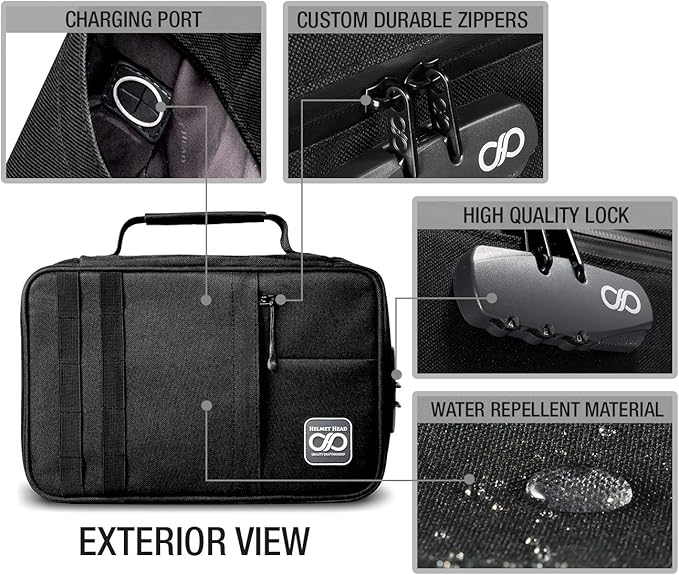 HELMET HEAD Smell Proof Bag and Stash Box, XL Smell Proof Box with Combo Lock for Your Mylar Bags and Smell Proof Containers. Includes 2 Smell Proof Bags and Metal Tray (Black)