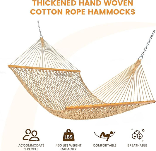 Lazy Daze Hammocks Double Rope Hammock, 2 Person Traditional Outdoor Hand Woven Cotton Rope Hammock with Spreader Bar, Carabiners, Tree Straps, Chains for Patio Yard - Max 450 Lbs, Tan