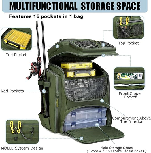 HAMBOLY Fishing Backpack with Rod Holders, 40L Tackle Box Backpack for Fishing Gear, Waterproof Fishing Bag for Men