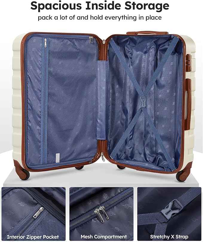 Suitour Luggage 3 Piece Sets Hard Shell Luggage Set with Spinner Wheels,TSA Lock,20 24 28 inch Travel Suitcase Sets (White Brown)