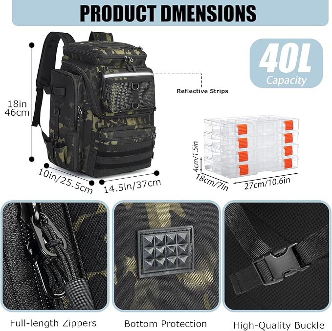 HAMBOLY Fishing Backpack with Rod Holders, 40L Tackle Box Backpack for Fishing Gear, Waterproof Fishing Bag for Men