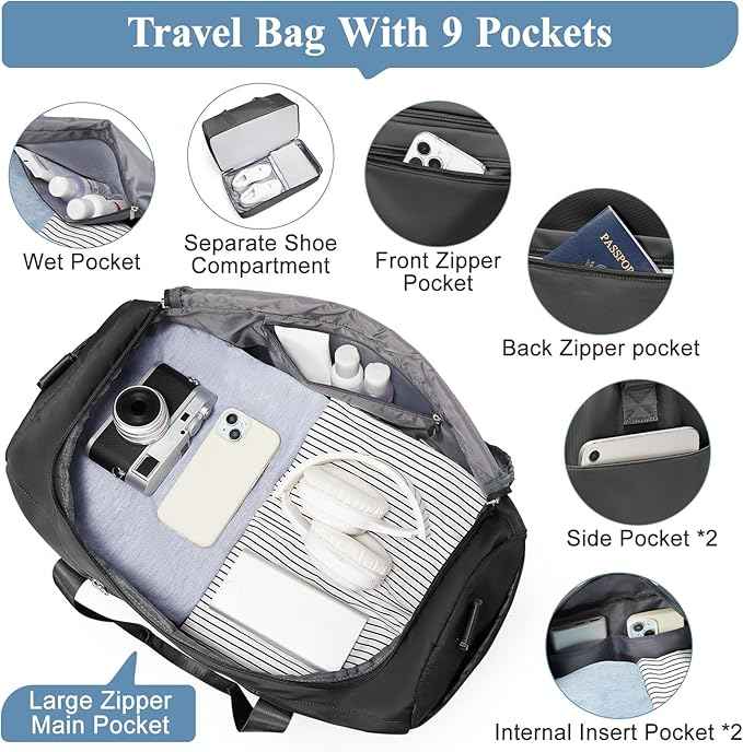 Travel Duffel Bag for Women, Carry-on Overnight Weekender Bags with Wet Pocket & Toiletry Bag, For Spirit Airlines 18x14x8 Personal Item Bag,Small,Black
