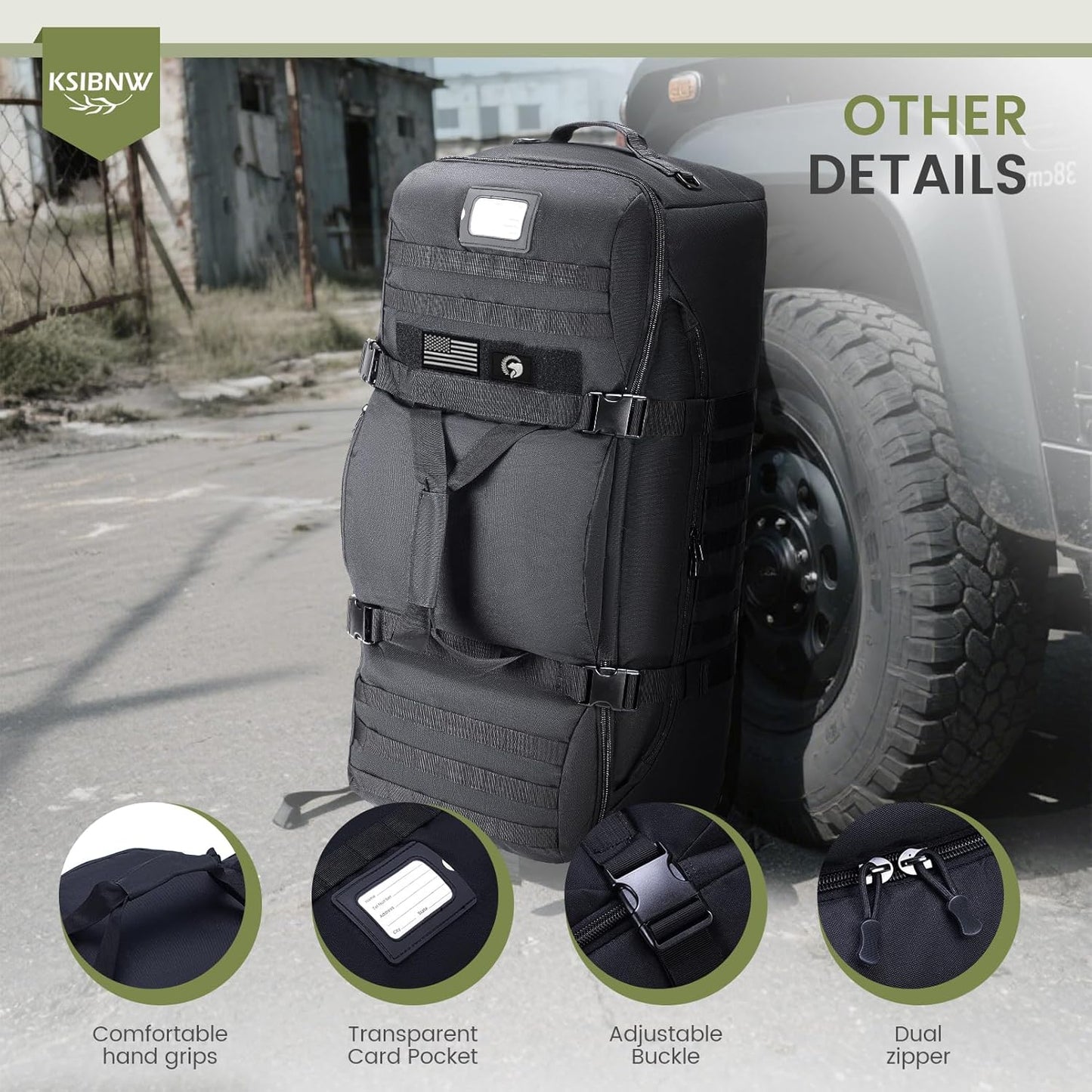 KSIBNW Rolling Duffel Bag with Wheels and Handle, 4 In 1 Tactical 86L Military Backpack with Hidden Straps,Waterproof Wheeled Large Duffle Bag for Travel,Durable MOLLE Luggage for Men & Women, Black - Roamly