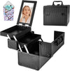 Makeup Train Case, Portable Makeup Case with Mirror, 2-Trays Cosmetic Organizer Case,Nail Polish Organizer, Travel Makeup Box, Profesional for Salon Barber, Black