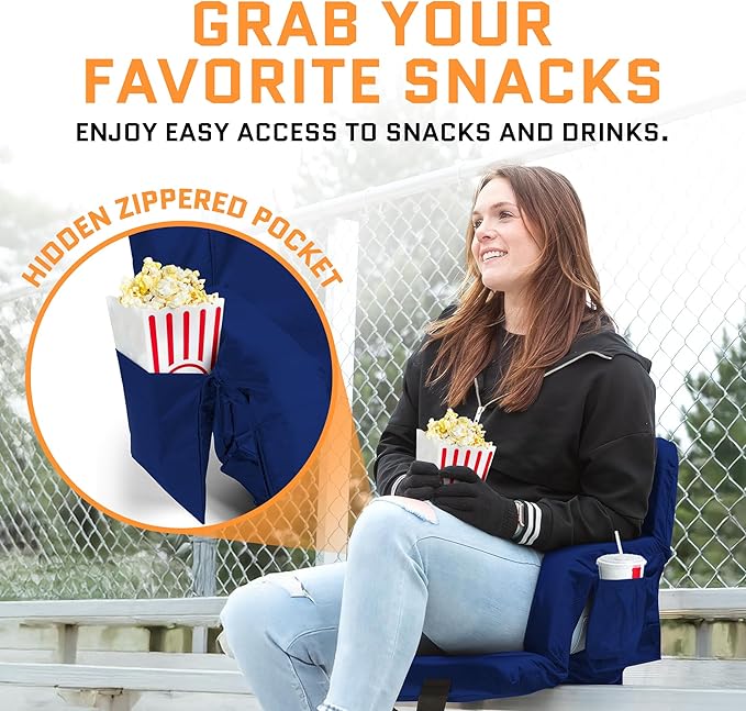 ACELETIQS Heated Stadium Seats for Bleachers with Back Support – USB Battery Included - Upgraded 3 Levels of Heat - Foldable Chair - 4 Pockets, Cup Holder - for Camping, Games & Sports (Navy Blue)