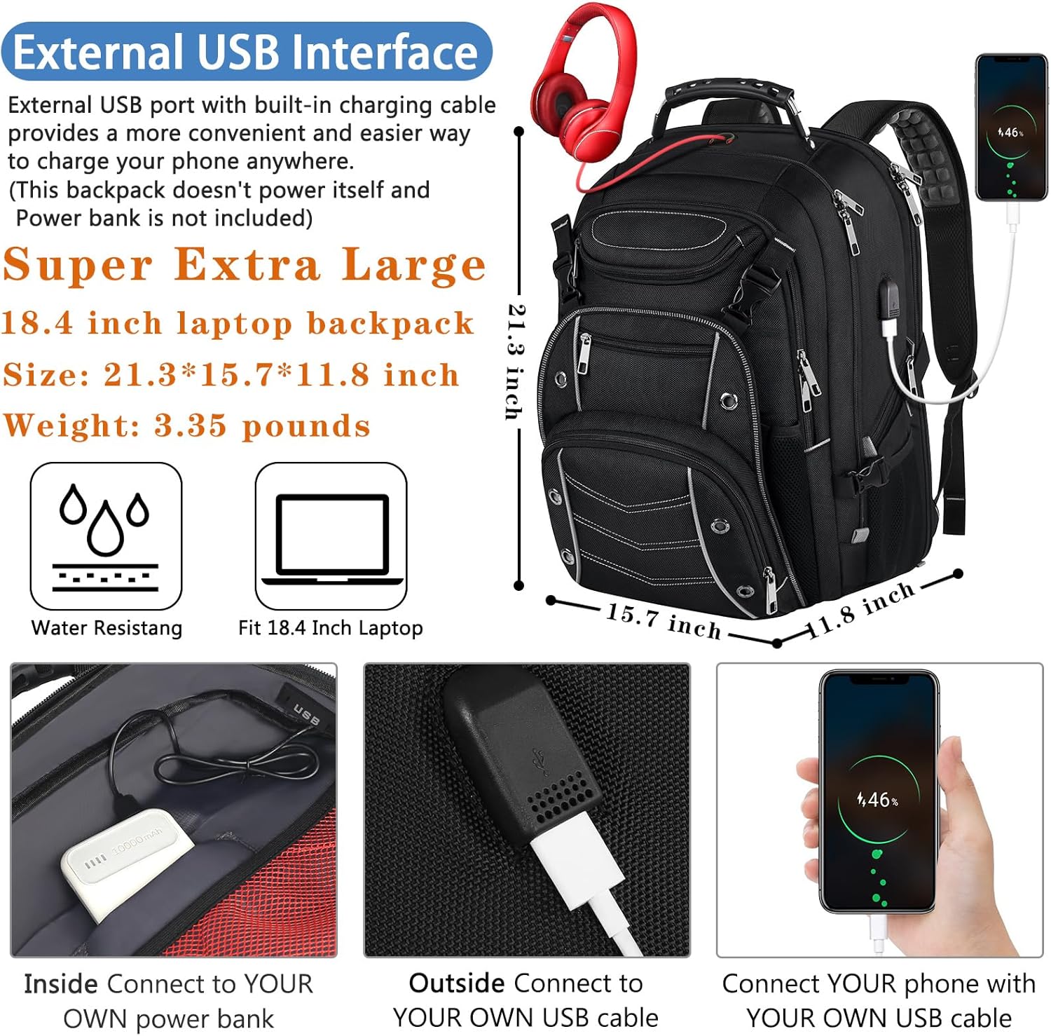 VECKUSON 18.4 Laptop Backpack for unisex, 60L Extra Large Gaming Laptops Back Bag with USB Charger Port,TSA Friendly Flight Approved and RFID Anti-Theft Pocket Heavy-duty Pack,21.3*15.7*11.8inch Grey - Roamly