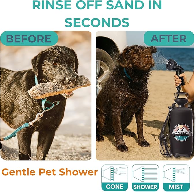 Pressurized Camping Shower (8L/2.1 Gal) – Portable Beach Shower for Surfing, Camping & Van Life – Outdoor Rinse Kit with Hand Pump & 10 Spray Modes – Portable Water Sprayer Pets & Gear | AVANTI CAMP