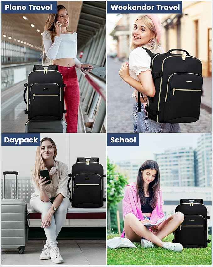 LOVEVOOK Travel Backpack for Women & Men 50L,Airline Approved Carry On Backpack Travel Essentials,TSA Carry on Luggage,Waterproof Personal Item Travel Bag,Suitcase with 3 Packing Cubes,Black-Black