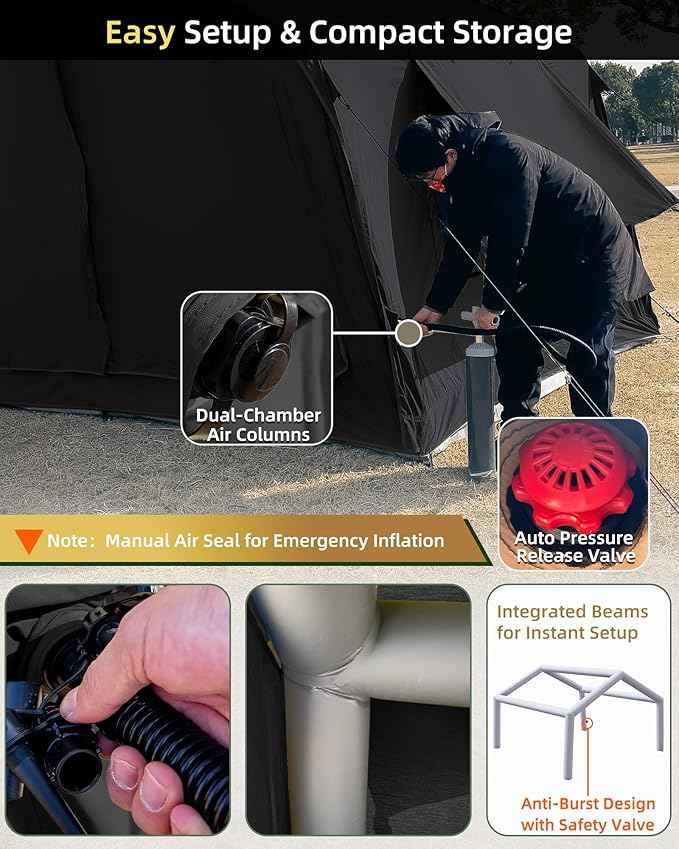 Cotton Inflatable Camping Tent, 2-4 Person, Windproof Glamping Design with Skylight, Instant Setup (2~4person(10.2'L X 8'W X 7'H)-Green)