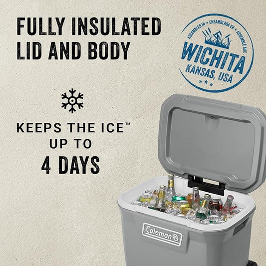 Coleman Classic Series Insulated Portable Rolling Cooler with Wheels, Leak-Resistant Outdoor Hard Cooler Keeps Ice up to 5 Days, 65-Quart