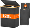 Lifewit 120L Double Laundry Hamper with Lid, Extra Large Bamboo Laundry Basket Dirty Clothes Hamper, 2 Section Laundry Bin Organizer for Laundry Room Bedroom with 2 Removable Liners & Bags, Dark Gray