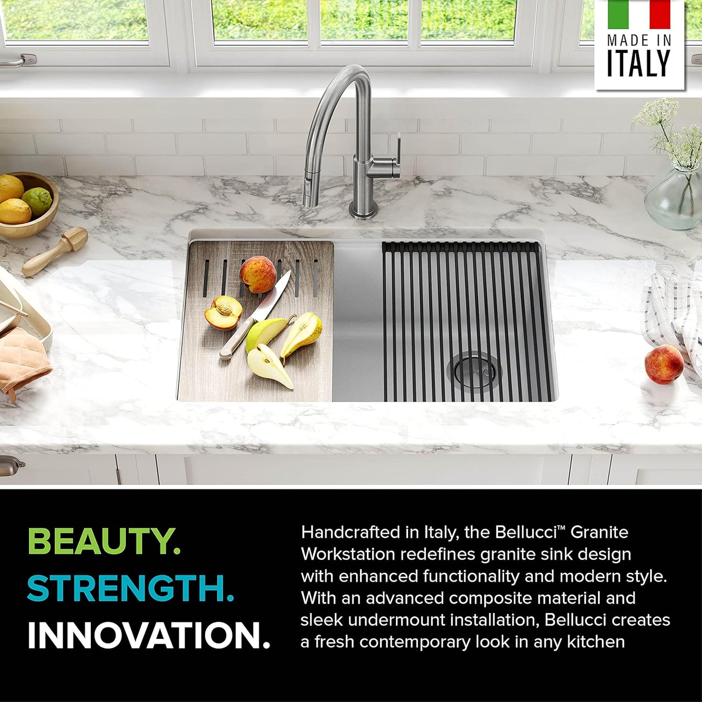 KRAUS Bellucci 30” in. Undermount Workstation Granite Kitchen Sink in White with Accessories, KGUW1-30WH
