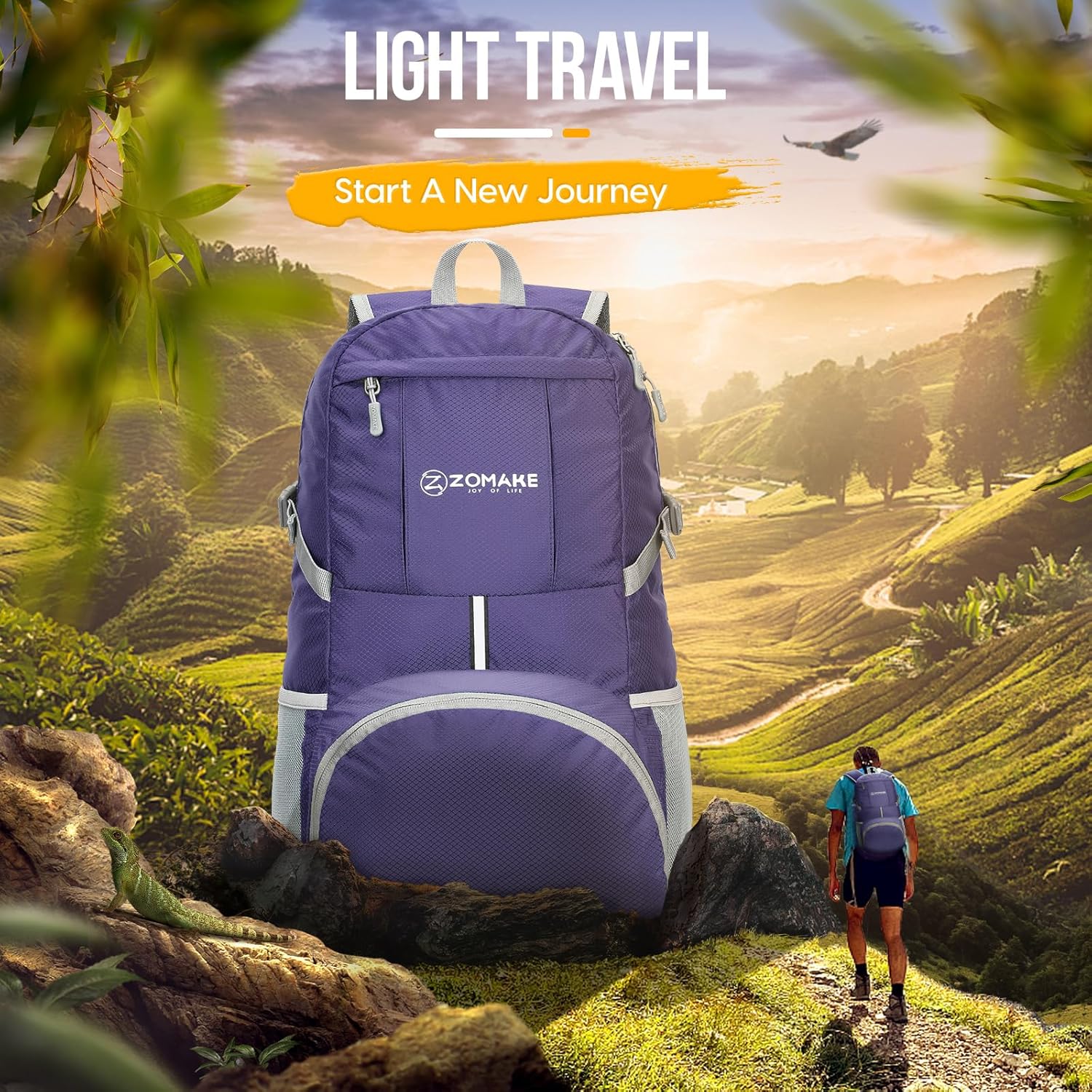 ZOMAKE Lightweight Packable Backpack 35L, Light Foldable Backpacks Water Resistant Collapsible Hiking Bag, Compact Folding Day Pack for Travel Camping(Purple) - Roamly