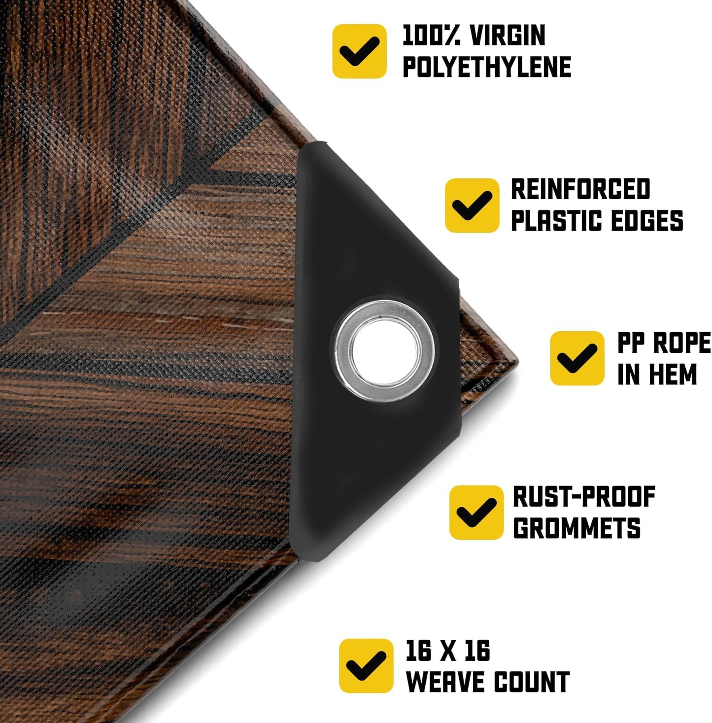 Core Tarps Extreme Heavy Duty 20 Mil Tarp Cover, Waterproof, UV Resistant, Rip and Tear Proof, Poly Tarpaulin with Reinforced Edges for Roof, Camping, Patio, Pool, Boat (Brown Wood/Black 9′ X 12′)