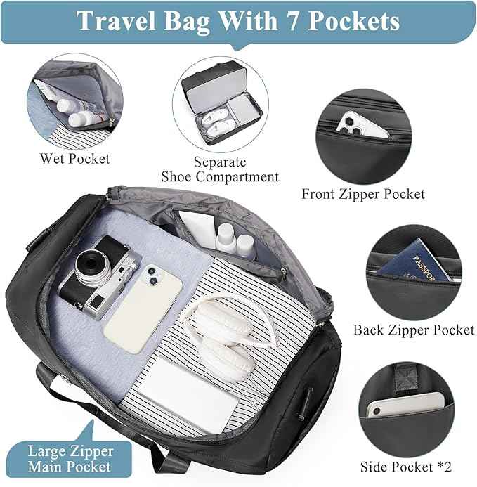 Large Travel Duffle Bag,Carry on Overnight Weekend Bag with Shoes Compartment,Weekender Bags for Women for Travel Business Trips Sport Hospital,2Pcs,Black
