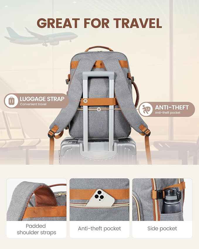 LOVEVOOK Travel Backpack for Women & Men 40L,Airline Approved Carry On Backpack Travel Essentials,TSA Carry on Luggage,Waterproof Personal Item Travel Bag,Suitcase with 3 Packing Cubes,Grey-Brown