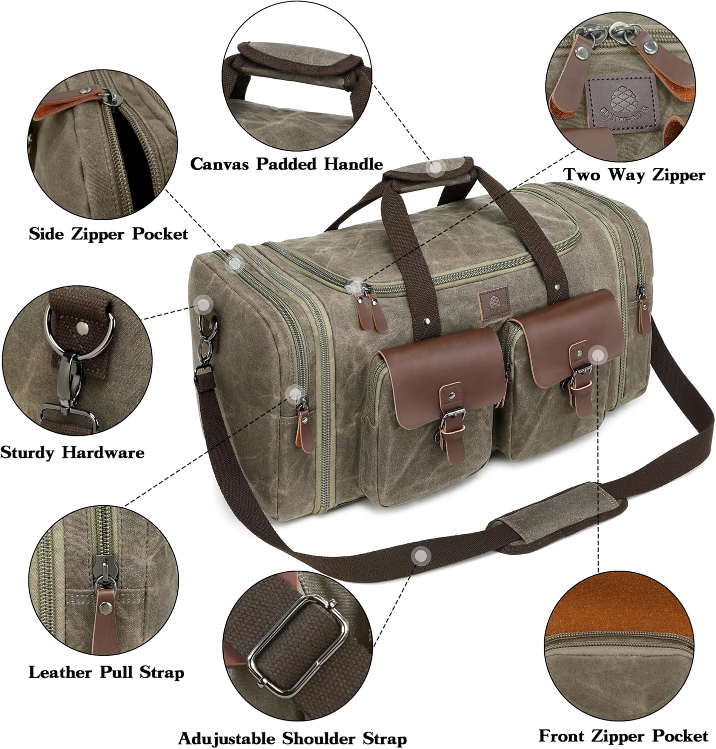 Waxed Canvas Duffle Bag for Men 50L Travel Duffel Bags Expandable Genuine Leather Duffel Overnight Weekender Carry On Bag Two Zipper Pockets Travel Bag (Vintage Grey, Large-50L) - Roamly