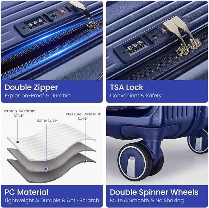 3 Piece Luggage Set 100% PC Hardshell, Front Opening Expandable Suitcase (20/24/28) with Laptop Compartment & Free Custom PVC Covers, Lightweight Spinner Wheels TSA Lock (Navy Blue)