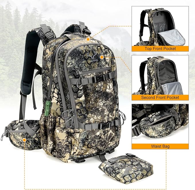 MOXULE Hunting Backpack Waterproof Pack: 25L Hunting Gear with Rain Cover,Hunting Day Pack with Rifle Bow Gun Holder (Camo)