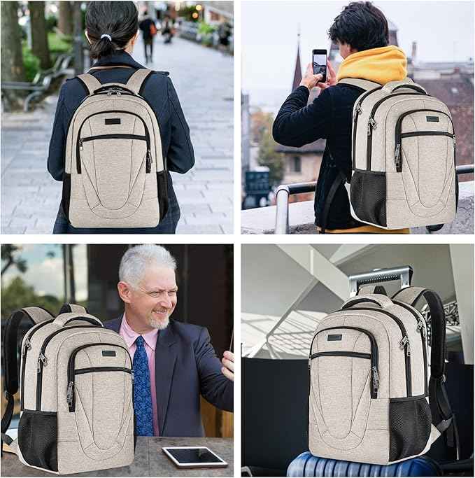 BIKROD Backpack for Women and Men, Extra Large School Backpacks for Teens, Water Resistant Back Pack with USB Charging Port Fits 17 Inch Laptop, Business Anti Theft Sturdy Computer Bag Gifts, Beige