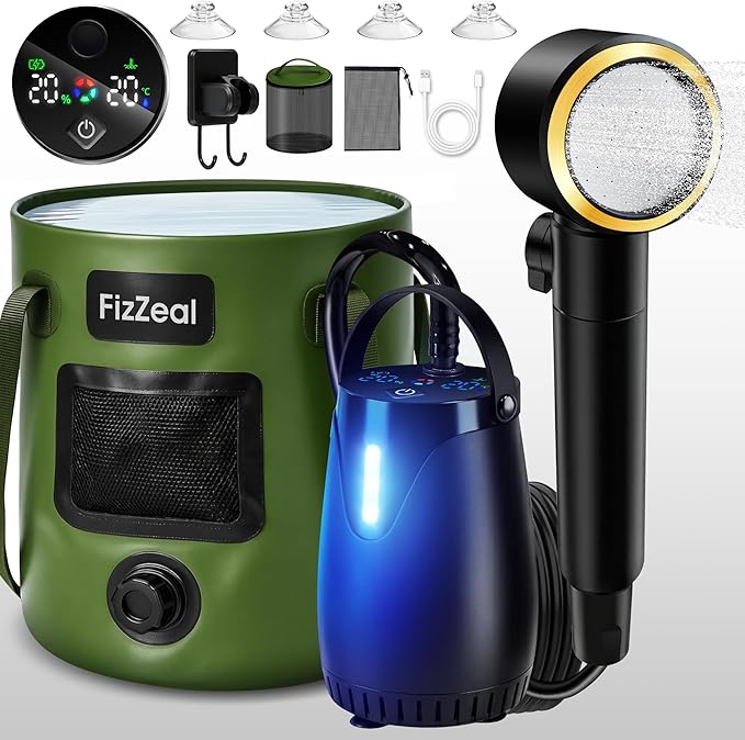 Portable Shower for Camping, 8000mAh Rechargeable Portable Camping Shower pump with 6.6 Gallons Foldable Bucket, 5 Speed & LED Display,Rinse Kit Portable Outdoor Camping Travel Shower head for Hiking