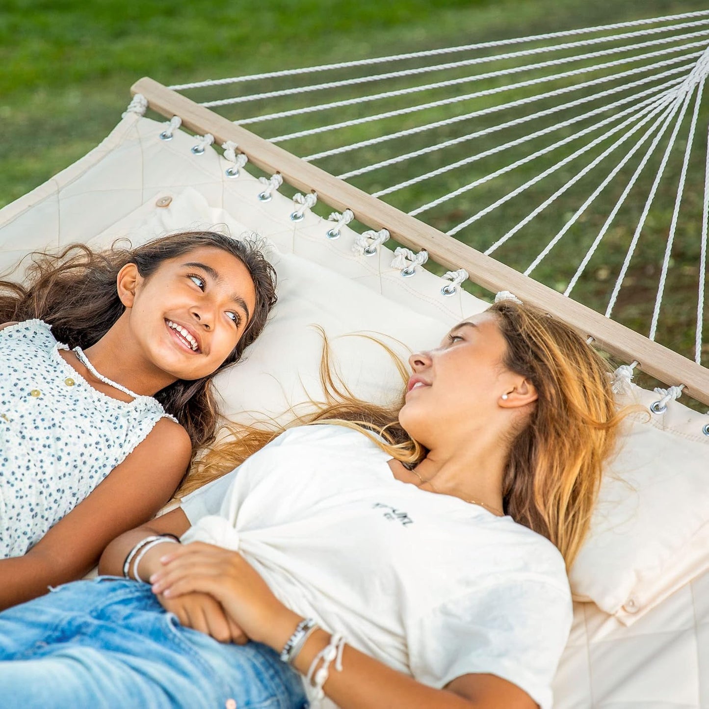 ANOW Two Person Hammock with Spreader Bars and Detachable Pillow, Heavy Duty Hammock for Outdoors Indoors, 450 LBS Weight Capacity, Cream