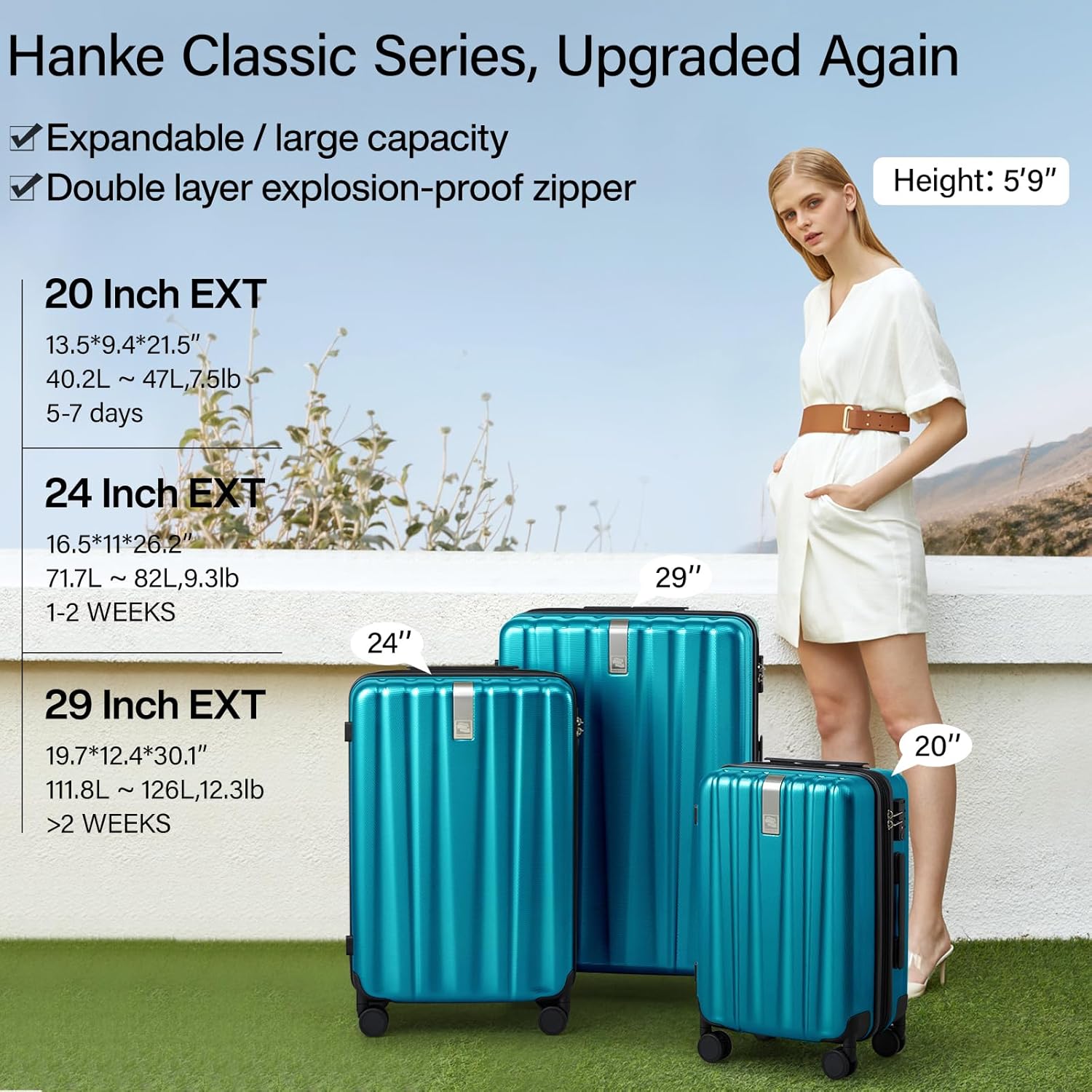 Hanke 29 Inch Expandable Checked Luggage Lightweight PC Hard Shell Luggage Suitcases with Wheels Tsa Luggage Rolling Large Suitcase Travel Luggage Bag for Study Abroad.(Caribbean Blue) - Roamly