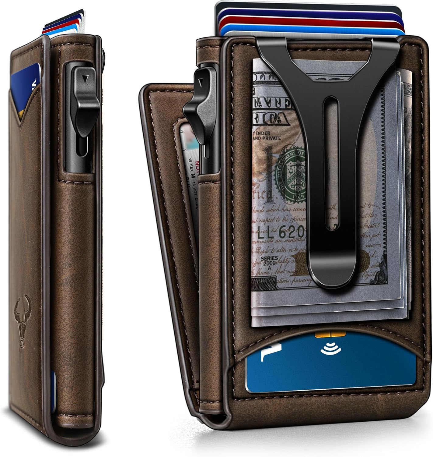 BULLIANT Men Wallet,Money Clip Wallet Slim For Gift Men 9Cards-Metal Credit Card Case in Magnetic Leather Flip