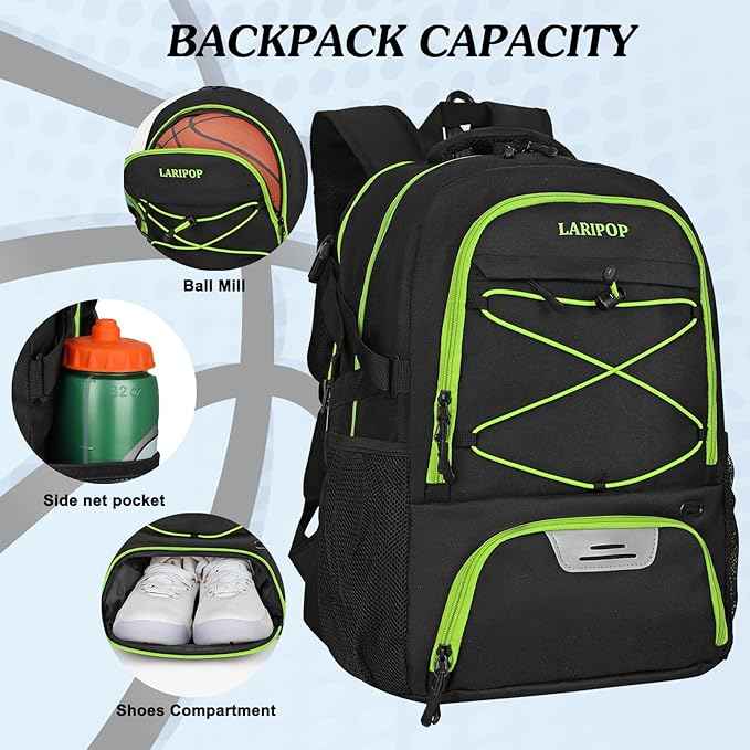LARIPOP Basketball Backpack Large Basketball Bag with Ball Holder & Shoe Compartment for Youth Adults Men Women
