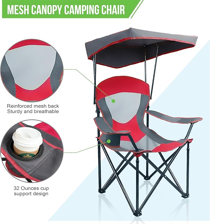 ALPHA CAMP Heavy Duty Canopy Camping Chair, 350 lbs Capacity Oversized Folding Chair with Adjustable Sunshade, Portable Sunshade Chair with Cup Holder for Beach, Fishing, Outdoor