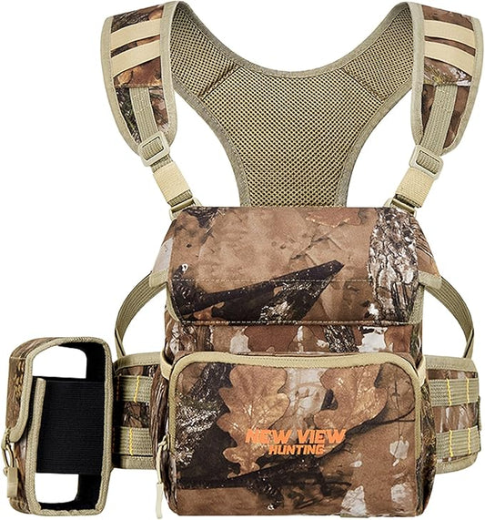 NEW VIEW Binocular Harness Chest Pack, Bino Case with Rangefinder Pouch and Rain Cover, Silent Chest Rig with 8 Pockets for Hunting, Hiking, Bird Watching