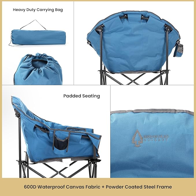ARROWHEAD OUTDOOR 2-Pack Oversized Heavy-Duty Club Folding Camping Chair w/Pocket, Cup Holder, Portable, Padded, Moon, Round, Saucer, Supports 330lbs