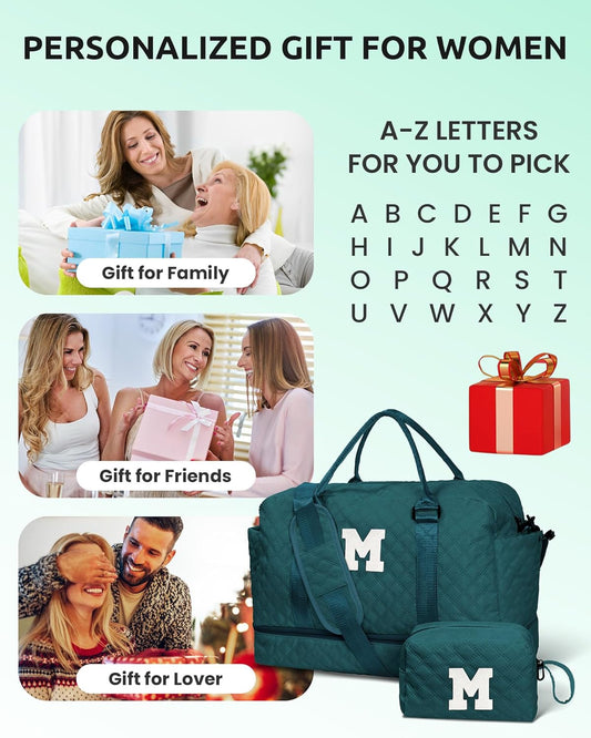 Womens Birthday Gift, Birthday Gift-Initial Travel Bag with Shoe Compartment, Personalized Weekender Bag, Monogram Overnight Bag for Women, Kids Duffel Bag with Makeup Bag (Letter Q) - Roamly