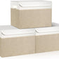 Large 17" 42 Quarts Collapsible Stackable Storage Bins with Lids [3-Pack] Foldable Fabric Linen Storage Boxes Cube, Closet Organizer Baskets with Label (16.7 x 12 x 12, Beige & White)
