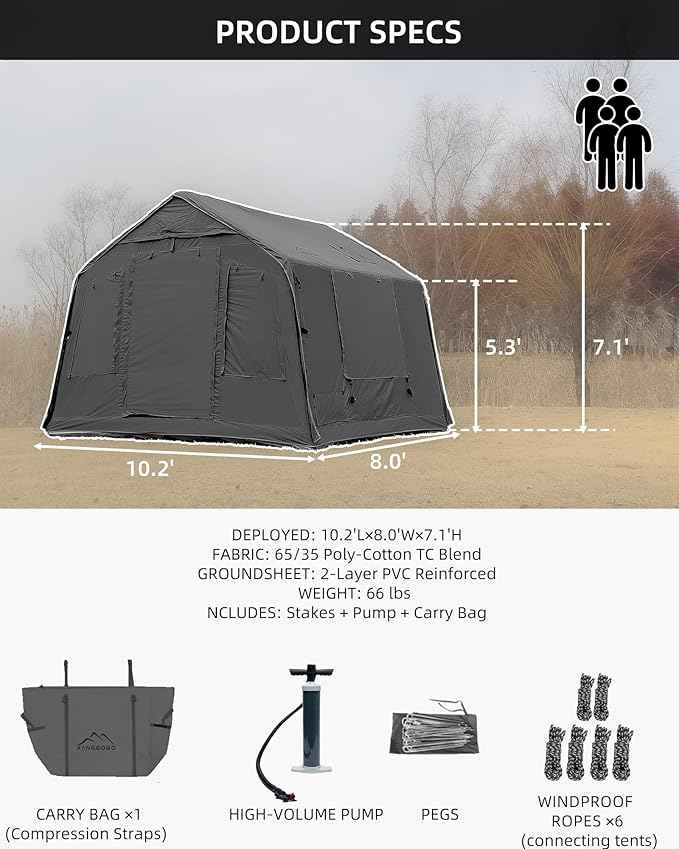 Cotton Inflatable Camping Tent, 2-4 Person, Windproof Glamping Design with Skylight, Instant Setup (2~4person(10.2'L X 8'W X 7'H)-Green)