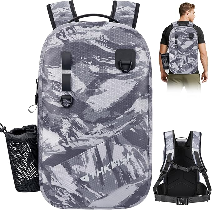 THKFISH IPX8 Waterproof Fishing Backpack with Rod Holder, Lightweight Fishing Sling Bag, Move Freely Fish Gifts for Men