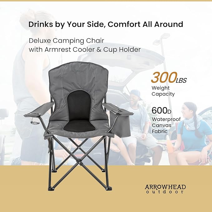Arrowhead Outdoor Portable Folding Camping Quad Chair w/ 4-Can Cooler, Cup-Holder, Heavy-Duty Carrying Bag w/Easy Carry Shoulder Strap, Padded Armrests, Supports up to 330lbs, USA-Based Support
