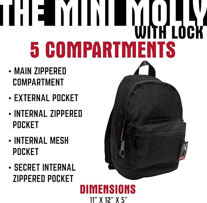Dime Bags Odor Sealing Locking Backpack, Carbon Lining for Smell & Spill Protection, 3-Digit Combo Lock, Durable Water-Resistant Exterior, Compact Travel Bag, Changeable Patch, Mini Molly (Black)