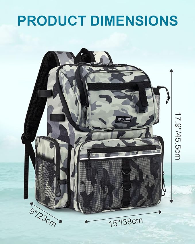 HXLGMD Fishing Backpack with Rod Holders, 43L Large Water Resistant Tackle Bag Storage Gear and Equipment with Cooler for Men Fishing, Camping, Hiking, Grey