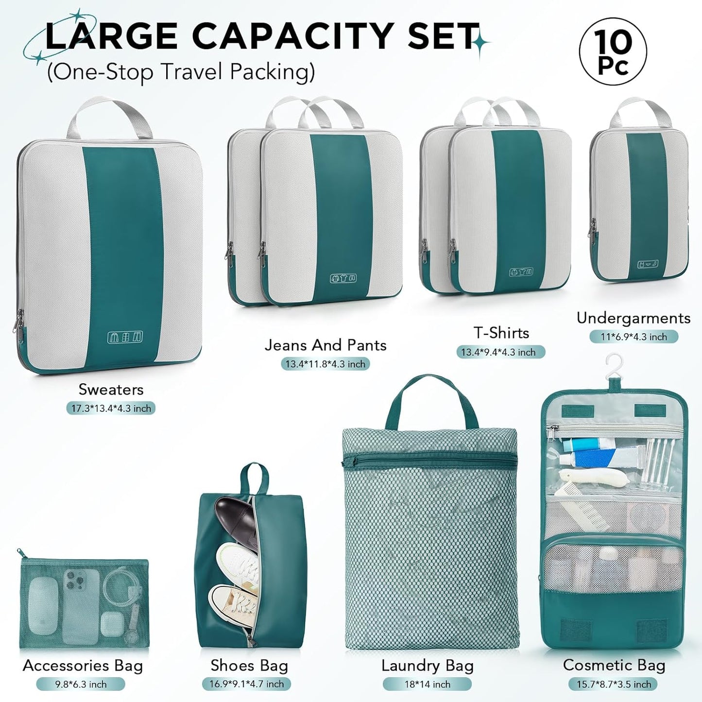 10 Set Compression Packing Cubes for Travel Essentials,Compressible Expandable Packing Cubes for Suitcase,OlarHike Luggage Organizer Bags,Handy Helper for Organizing Clothes(Dark Blue Green) - Roamly