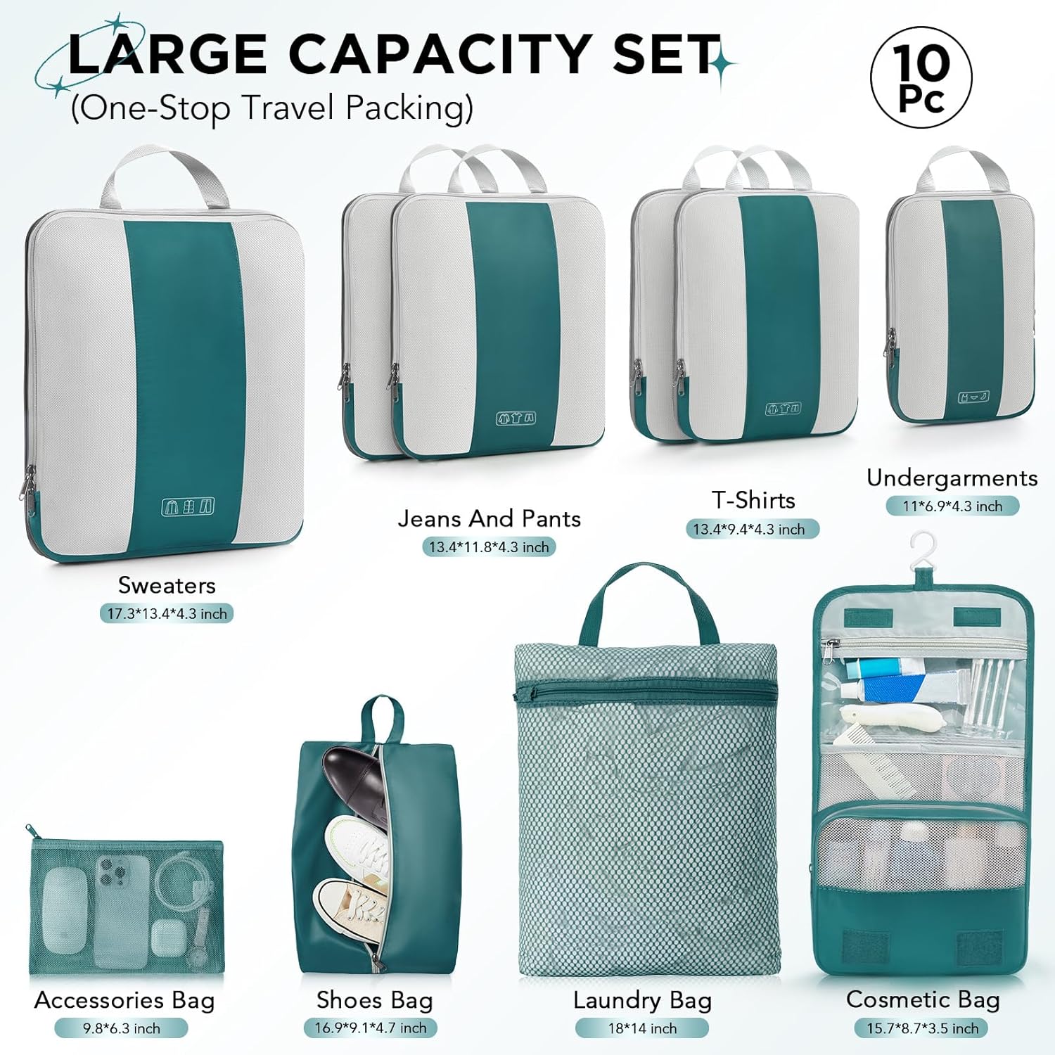 10 Set Compression Packing Cubes for Travel Essentials,Compressible Expandable Packing Cubes for Suitcase,OlarHike Luggage Organizer Bags,Handy Helper for Organizing Clothes(Dark Blue Green) - Roamly