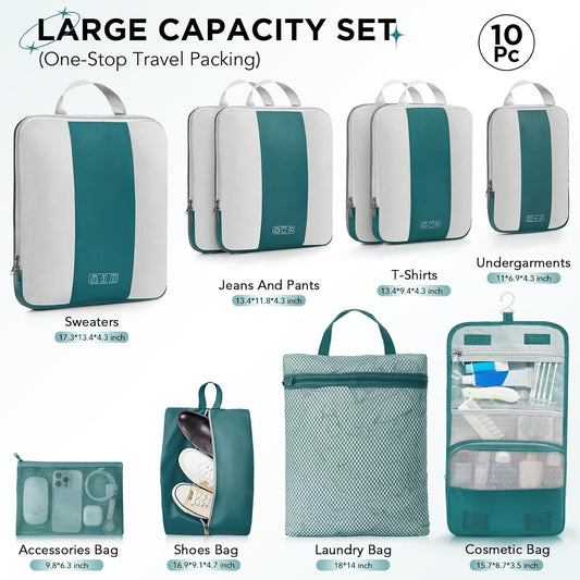 10 Set Compression Packing Cubes for Travel Essentials,Compressible Expandable Packing Cubes for Suitcase,OlarHike Luggage Organizer Bags,Handy Helper for Organizing Clothes(Dark Blue Green) - Roamly