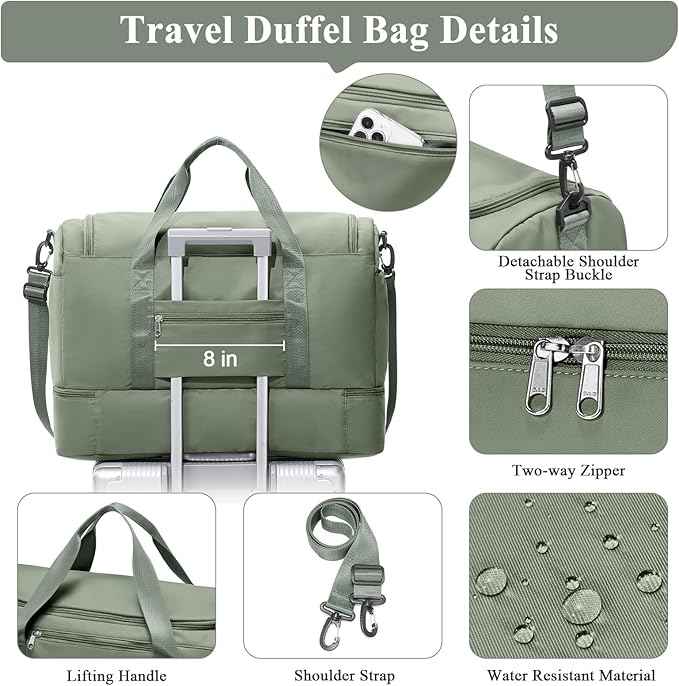 Large Travel Duffle Bag,Carry on Overnight Weekend Bag with Shoes Compartment,Weekender Bags for Women for Travel Business Trips Sport Hospital,2Pcs,Olive Green